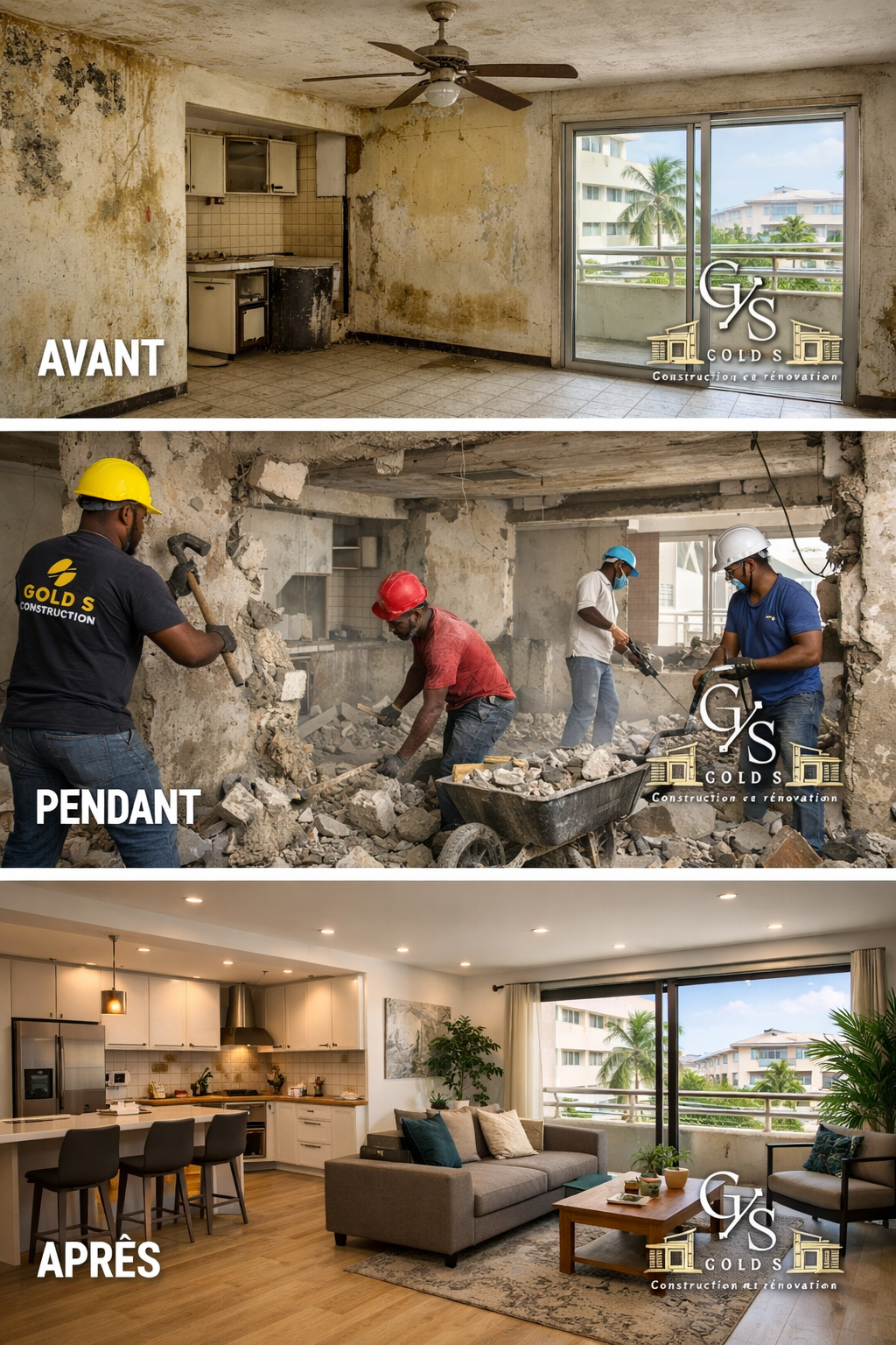 Rénovation complète appartement en Guadeloupe - Avant Pendant Après